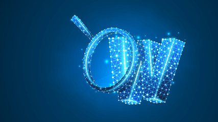 Letter w with magnifying glass. World wide web analysis, domain search, www, web address, website concept. Abstract, digital wireframe low poly mesh Raster blue neon 3d illustration. Line dot