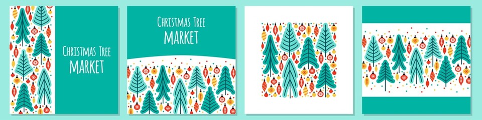 Cute set of Scandinavian Christmas Tree Market backgrounds with hand drawn Fir Trees and Christmas balls