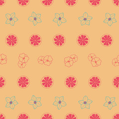 Vector orange blossom seamless pattern with turquoise, red flowers and orange slices, orange background. Perfect for fabric, scrapbooking, wallpaper projects.