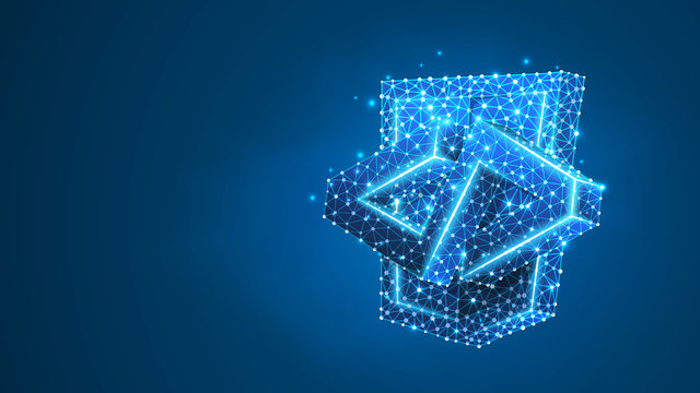 HTML code Bracket model. Coding technology, software programming concept. Abstract, digital, wireframe, low poly mesh, Raster polygonal blue neon 3d illustration. Triangle, line, dot, star