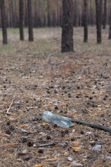 Fototapeta premium White plastic bottle on the ground in a pine forest.