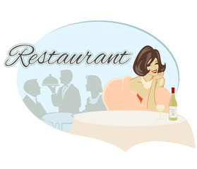 Restaurant scene. Lady sitting at a restaurant table with wine. Flat style vector image. 