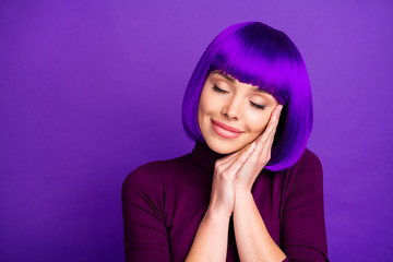 Close up photo of cute lady with her eyes closed sleeping wearing turtleneck isolated over purple...
