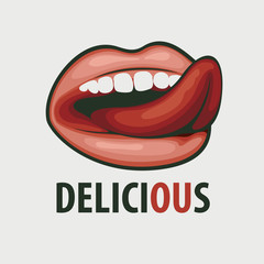Vector illustration with sexy female mouth and inscription Delicious. Sensual lips, licking mouth with tongue. Full lips, tongue and teeth of a young girl or woman. T-shirt design