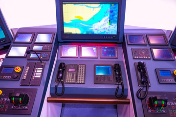 Captain's bridge. Ship control. Navigation equipment. Navigation. Navigation for ships at sea. Simulator for sailors.