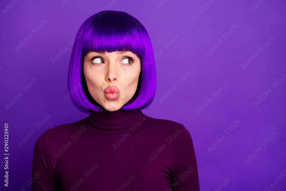 Sticker close up photo of cute girl look at copy space wearing turtleneck isolated over purple violet backgr