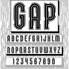 Alphabet with gap, sans serif font, black letters and numbers.