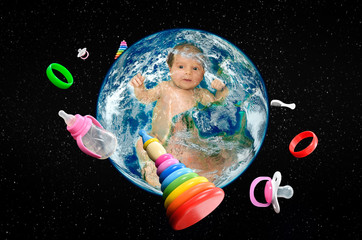 Cute baby in planet Earth in space and around revolve baby accessories. Elements of this image furnished by NASA.