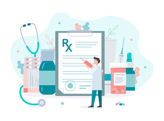 Male doctor writes medical prescription. Concept with pills, drugs and clipboard. Flat vector illustration. 