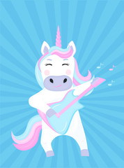 Funny unicorn plays guitar. Cartoon character. Vector illustration