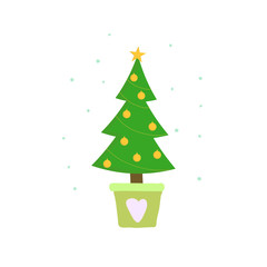 Christmas tree decorated christmas balls and star in the pot with heart and snow on background.Symbol of New year and Xmas. Isolated cartoon vector element.