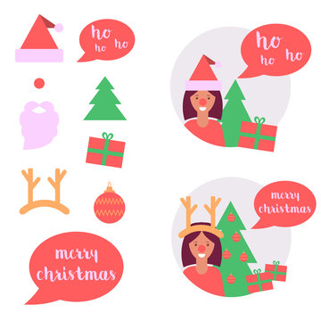 Set of christmas accessories. Christmas tree, Santa hat, ball, present, beard, speech bubble border. Woman with photo booth. Vector flat icon collection, elements for card, banner design.