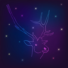 Obraz na płótnie Canvas Deer on galaxy background. Winter neon illustration with magical night sky. Vector background for Christmas, New Year greeting.