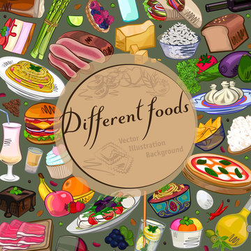 Food background, different dishes, vintage vector