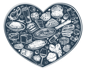 Food in the heart, white outline background, vector illustration