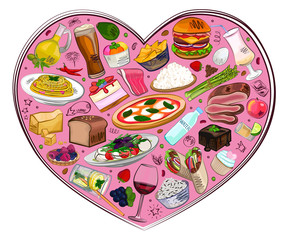 Food in the heart, different dishes, food set, watercolor vector illustration