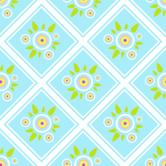 Seamless endless vector pattern. Simple abstract design. Little cute round geometric  tea flowers with leaves. Bright punch pastel children’s colors, perfect for textile, fabric, wallpaper