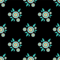 Seamless endless vector pattern. Simple abstract design. Little cute round geometric  tea flowers with leaves on black background. Bright  festive colors, perfect for textile, fabric, wallpaper