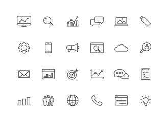 Set of 24 SEO and Development web icons in line style. Contact, Target, Website. Vector illustration.