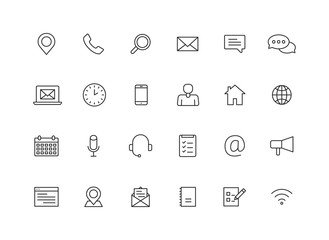 Set of 24 Contact Us web icons in line style. Web and mobile icon. Chat, support, message, phone. Vector illustration.