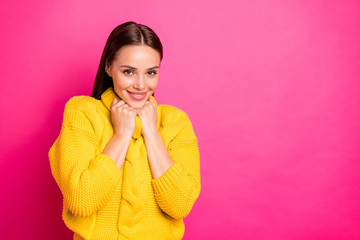 Close up photo of content person smiling wearing knitted pullover isolated over pink fuchsia background