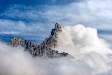Fototapeta na wymiar Close-up of the peak called Cimon della Pala (3186 m), Pale di San Martino, Dolomites in the Italian Alps, UNESCO world heritage site in Trentino Alto Adige, Passo Rolle, Italy, Europe
