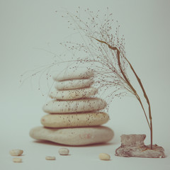 Spa still life with stacked of stone with a beautiful branch