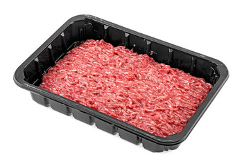 Black plastic tray with fresh raw minced meat on a white background