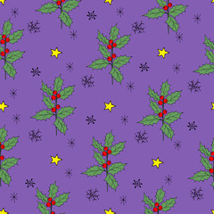 Fototapeta na wymiar Vintage seamless pattern with vector holly pattern for paper design. Happy new year decoration. Vector graphic. Vector festive illustration. Holly berry christmas icon. Season greeting.