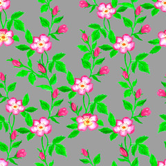 Wild roses watercolor seamless pattern. Flowers, leaves. Floral background. Fabric design, wallpaper