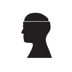 Black silhouette of man head with brain on isolated white background. Icon. Vector image