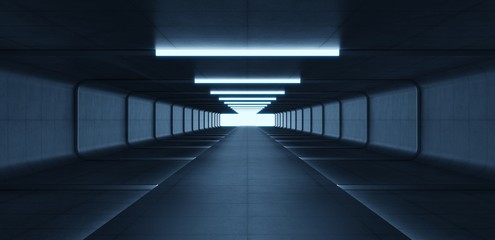 Futuristic sci fi blue neon tube lights glowing in concrete room.