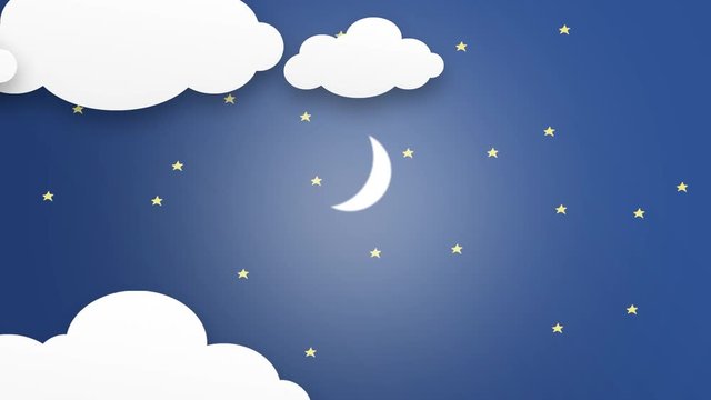 Cartoon Clouds, Stars and Moon On Dark Blue Sky Background at Night. loop