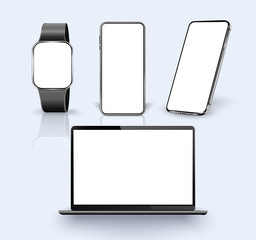 Realistic  Laptop,  Smartphone, watch with transparent Wallpaper Screen Isolated on white. Mockup realistic  device. Stock Vector illustration