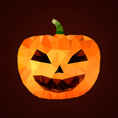 low poly geometric pumpkin of colored triangles of different sizes and yellow and orange colors.
