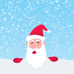 Santa Claus head with hat, beard and smiling face flat style character vector illustration. Christmas eve mascot symbol isolated on light blue snow background