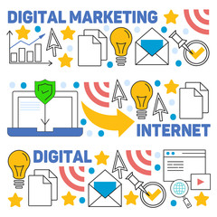 Digital marketing pattern with vector icons. Management, start up, business, internet technology.