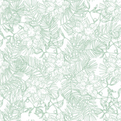 Seamless pattern with mistletoe, poinsettia and pine branches on a white background. Vector. Perfect for greeting cards, invitations, and wallpaper, wrapping, textile.