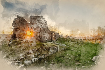 Fototapeta premium Digital watercolor painting of Stunning landscape sunset image over abandoned Foggintor Quarry in Dartmoor