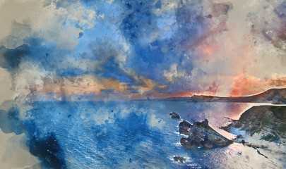 Digital watercolor painting of Sunrise ocean landscape Mupe Bay Jurassic Coast England