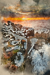 Digital watercolor painting of Sunset over snow covered Winter landscape with rocks in foreground.