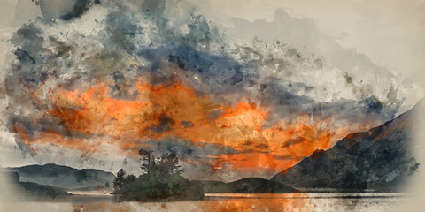 Digital watercolor painting of Panorama landscape stunning sunrise over lake in mountains