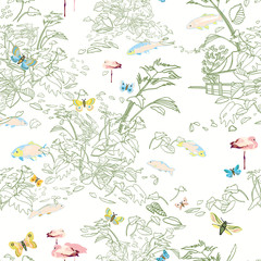 Etching style exotic jungle landscape pattern. Botanical leaf, line art etching style, in pastel green tones. Cottage lake, fish, butterfly. Packaging design, home decor, stationary.