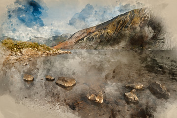 Digital watercolor painting of Beautiful sunset landscape image of Wast Water and mountains in Lkae District in Autumn