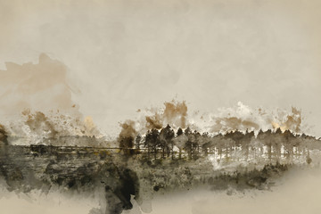 Digital watercolor painting of Stunning Autumn sunset landscape image of view from Leather Tor in Dartmoor National Park