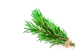 Top view, Branch of fresh raw rosemary isolated on white background. Green tiwgs with organic and herbal nature concept. Flat lay