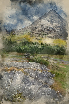 Digital watercolor painting of Stunning landscape image of countryside around Llyn Ogwen in Snowdonia during early Autumn