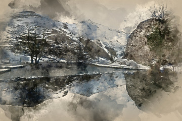 Digital watercolor painting of Beautiful Winter snow covered countryside landscape of river flowing