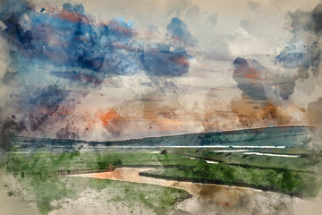 Naklejka na ściany i meble Digital watercolor painting of Beautiful dawn landscape over English countryside with river slowly flowing through fields
