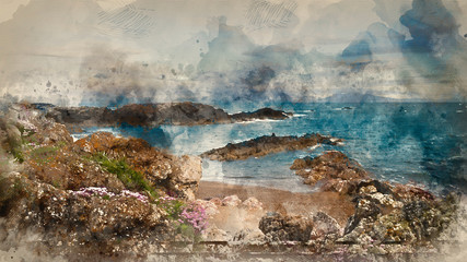 Digital watercolor painting of Beautiful landscape image of rocky beach with Snowdonia mountain range in background at sunset